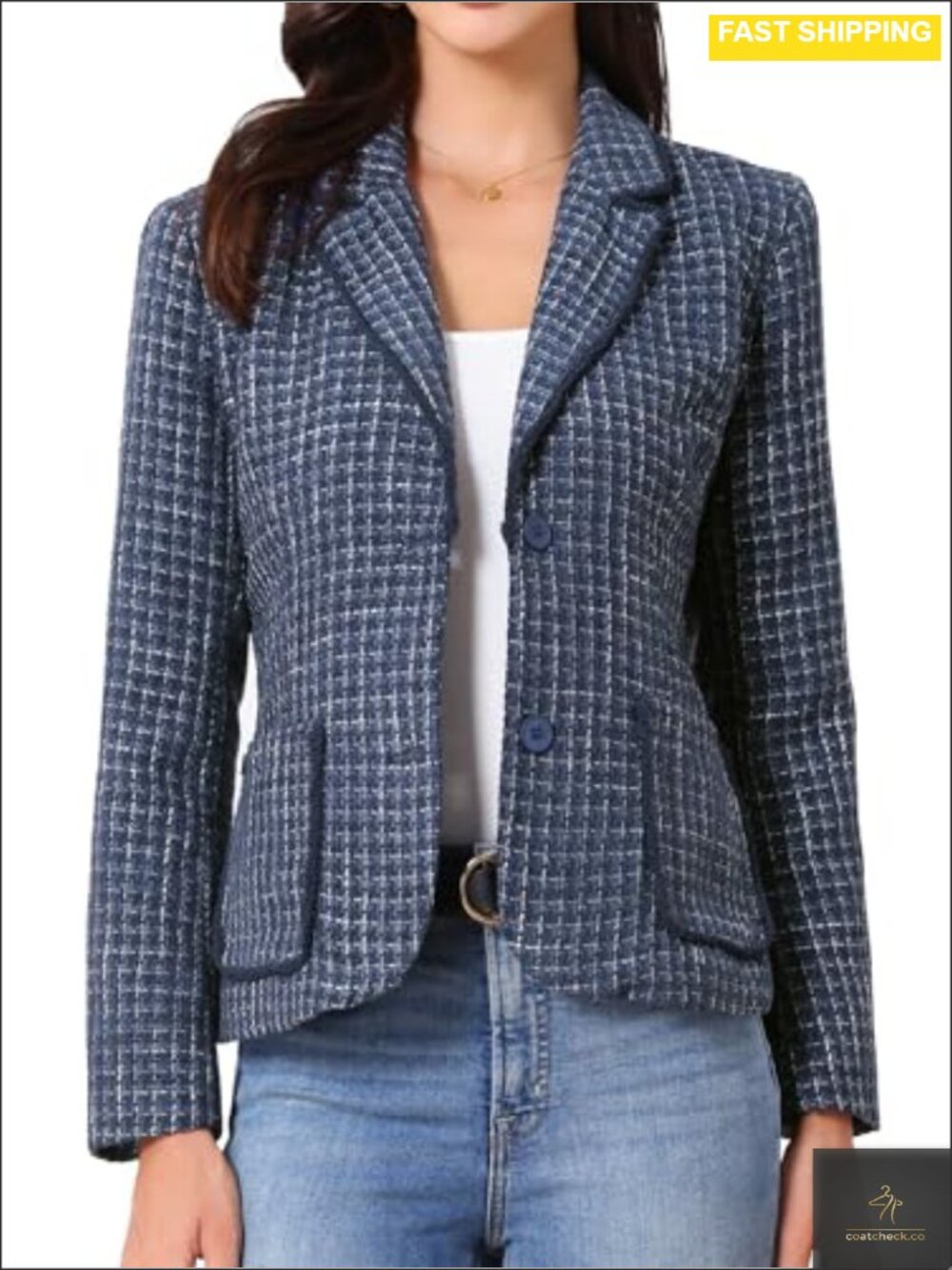 Tweed Blazer Notch Lapel Business Casual Button Front Jacket